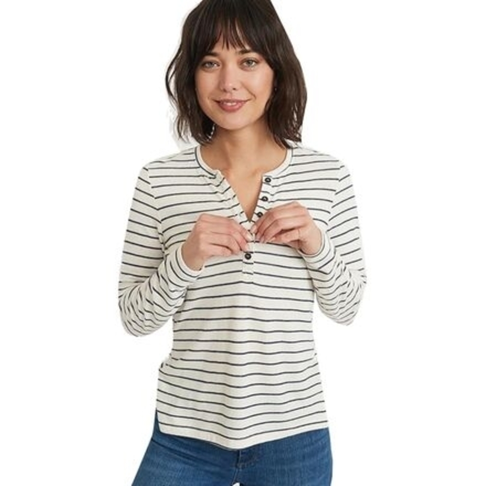 Marine Layer Striped Henley Long Sleeve Top - White & Black